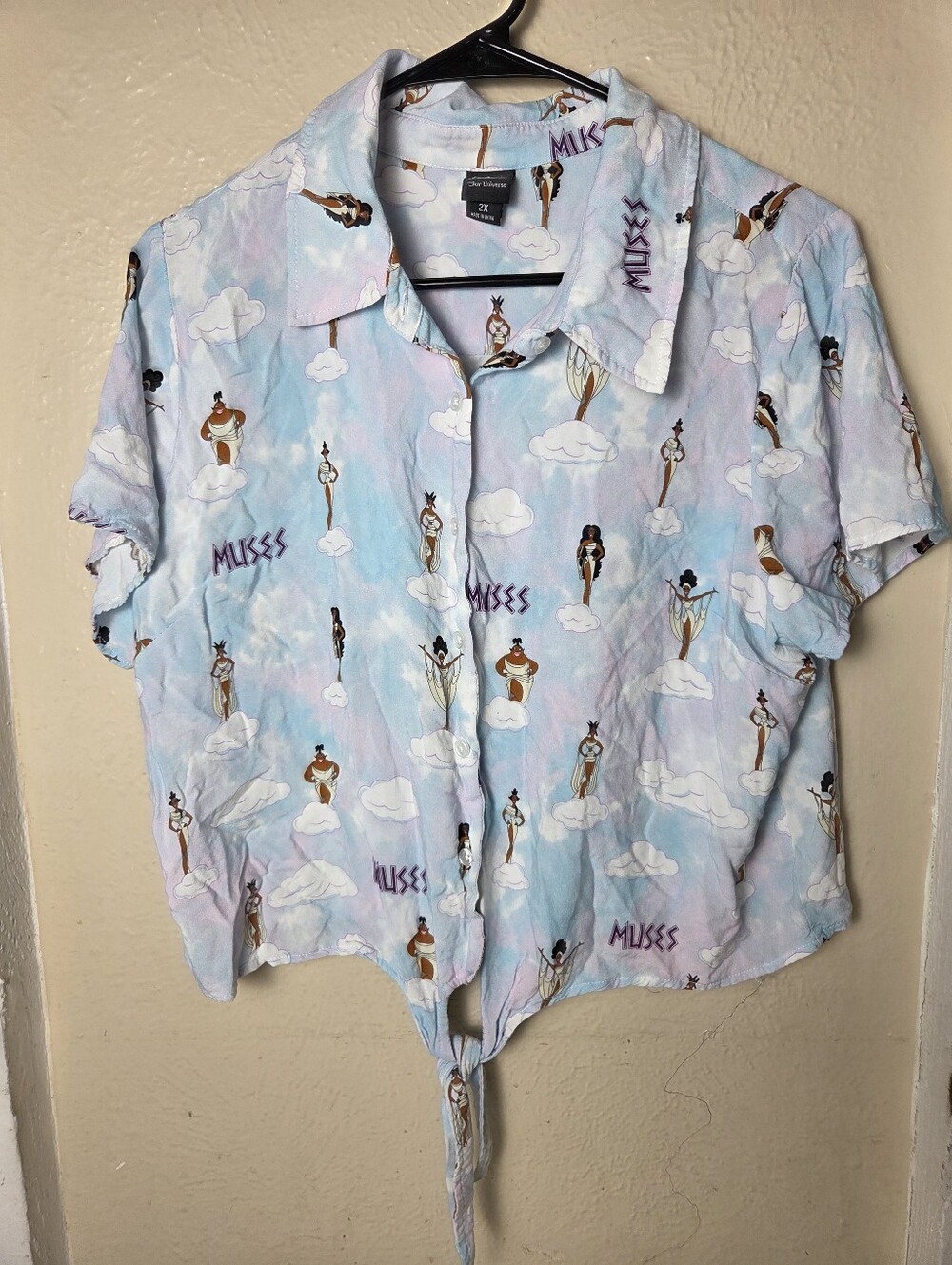 Disney Our Universe Hercules Crop Top Button Down 2x Womens Blue Tie Front